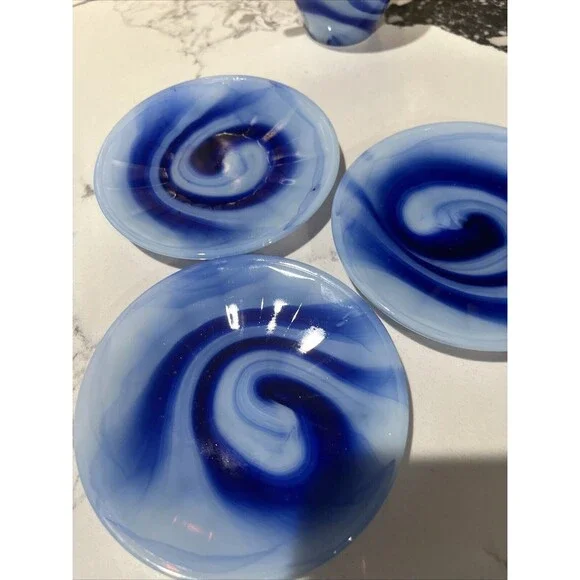 VINTAGE AKRO AGATE Blue Slag GlassPartial Set Of Child’s Tea Set. 9 Piece Set